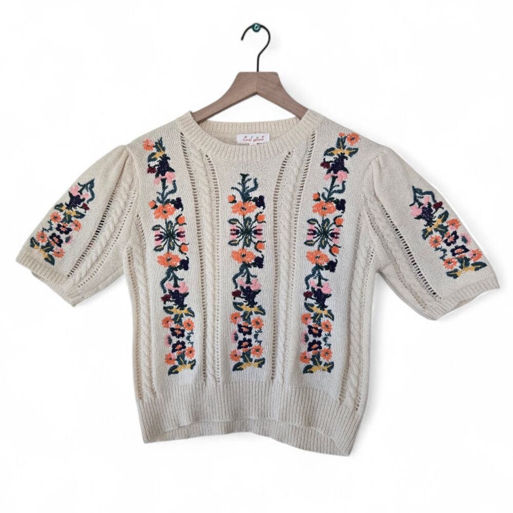 Sweet Generis Cream Embroidered Floral Puff Sleeve Sweater Size Medium